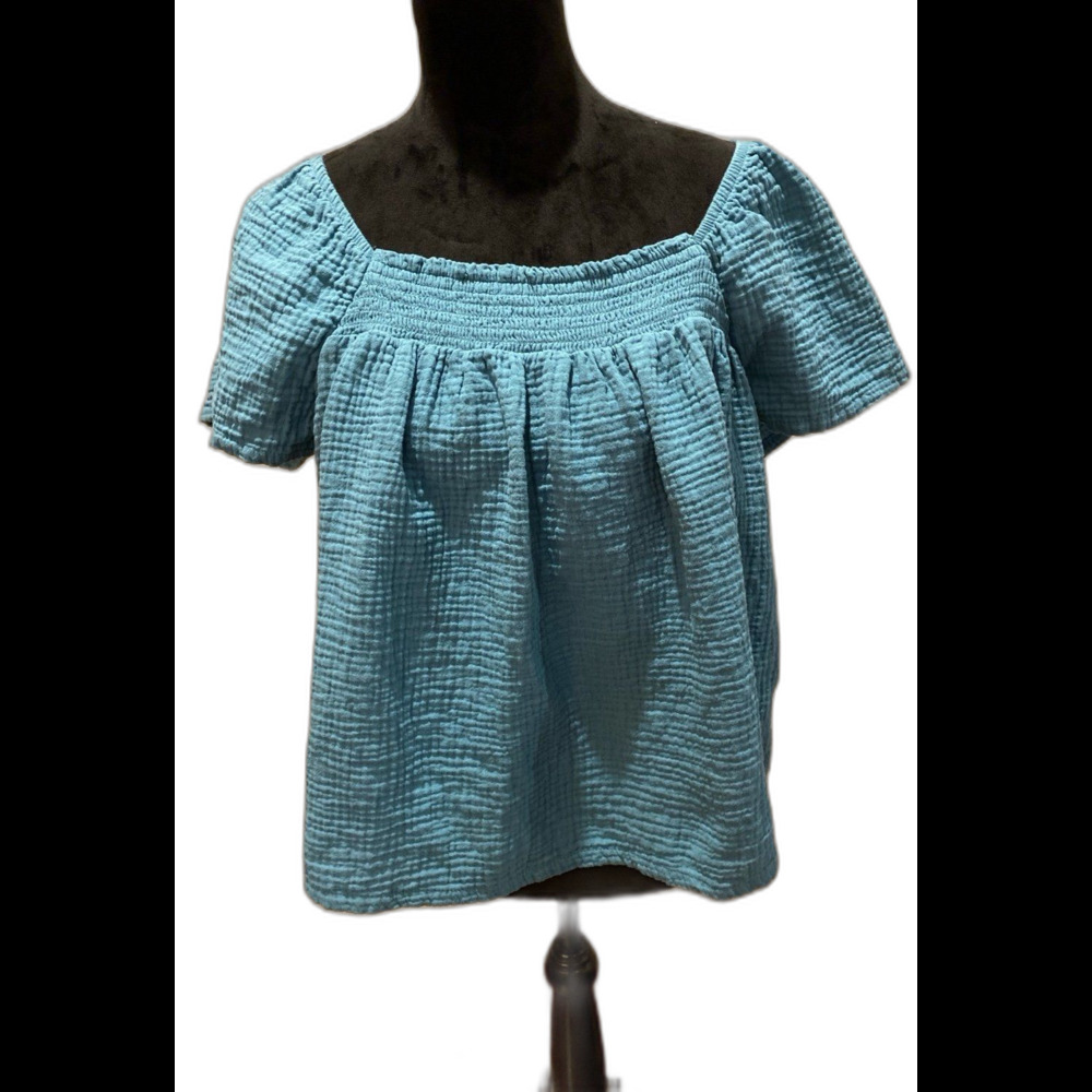 Joyspun Cropped Blouse Sz Large Top Dk Turquoise Off Shoulder Gathered Neckline